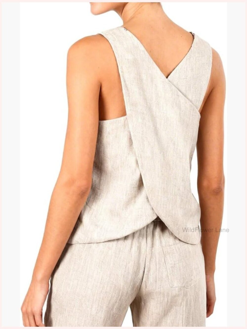100% Linen Sleeveless Crewneck Cross Back Summer Tank Top